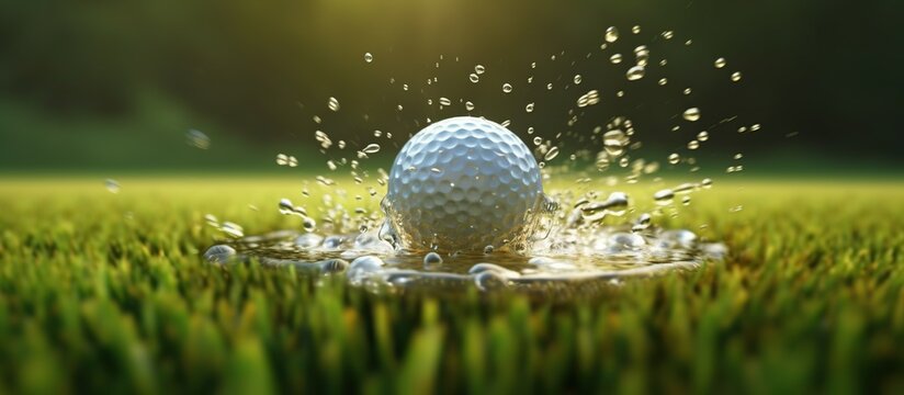 golf ball and dew splash hit with golf club on green field
