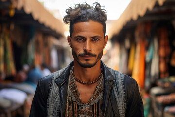 Moroccan handsome man wearing a mix of traditional and modern attire in the vibrant souks of Marrakech - obrazy, fototapety, plakaty