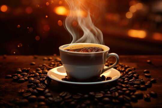A close up of a freshly brewed cup of coffee with steam rising from the surface and a few coffee beans scattered around it