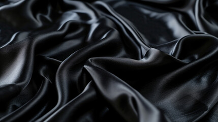 Fototapeta premium Black silk satin. Dark elegant background with space for design. Creases in fabric. Shiny, soft, smooth. Wide banner. Panoramic. 