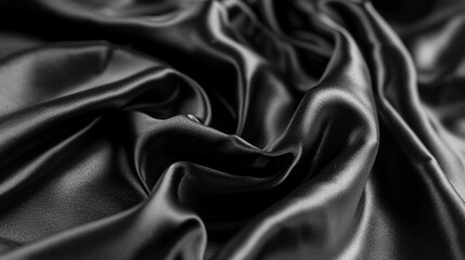 Black silk satin. Dark elegant background with space for design. Creases in fabric. Shiny, soft, smooth. Wide banner. Panoramic. 