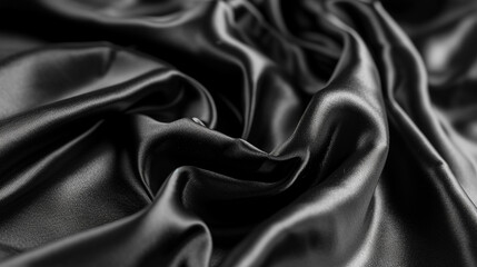 Obraz premium Black silk satin. Dark elegant background with space for design. Creases in fabric. Shiny, soft, smooth. Wide banner. Panoramic. 