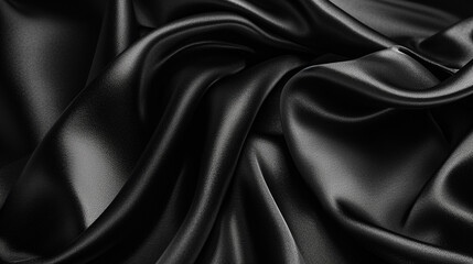 Fototapeta premium Black silk satin. Dark elegant background with space for design. Creases in fabric. Shiny, soft, smooth. Wide banner. Panoramic. 