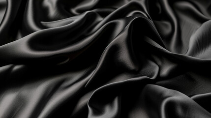 Fototapeta premium Black silk satin. Dark elegant background with space for design. Creases in fabric. Shiny, soft, smooth. Wide banner. Panoramic. 