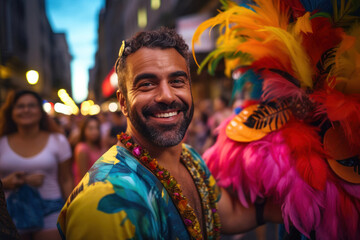 37-year-old Brazilian man in Rio de Janeiro, wearing a vibrant, carnival-inspired skirt at a festive street event - obrazy, fototapety, plakaty