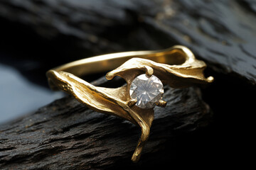 An unusual engagement ring with an asymmetrical design, combining rough-cut and polished diamonds in a flowing, organic gold setting