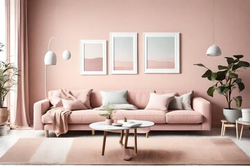 An inviting living room with a white frame on a pale pink wall, featuring a cozy sofa and minimalist furniture in soothing pastel tones.