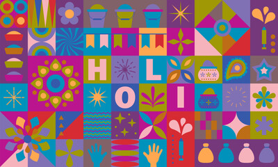 Holi symbols, icons, designs. Festival of colors vector design element with colorful Holi paints. Happy Holi, Indian holiday and festival poster, banner, colorful vector illustration