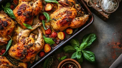 Foto op Plexiglas Roasted chicken cut varied in baking tray with basil and rosemary, top view, flat lay. Delicious home cooking. © Vladimir