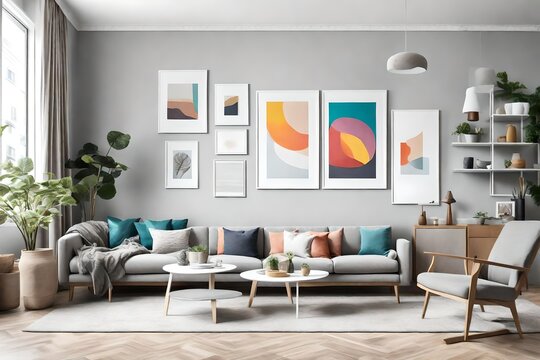 An HD image of a living room with a white frame on a light gray wall, surrounded by minimalistic furniture in a variety of bright and solid colors.
