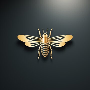 logo emblem symbol with gold bee on an isolated dark background. Label sign for company with beehives and honey production