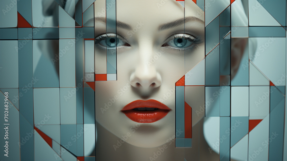 Poster Geometric shapes arranged in linear harmony to form an abstract portrait, blending simplicity with artistic complexity.