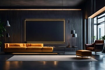 A futuristic loft living room with a blank frame on a concrete wall, surrounded by contemporary furniture and metallic finishes.