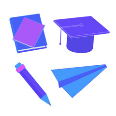 3D university and education set icon. Items for study and work. Book, graduation hat, pencil, paper airplane and alarm clock. Cartoon style transparent isolated on white background. 3D Render