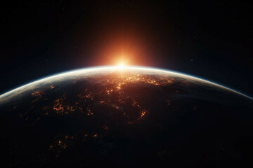 A view of a planet from space, with the sun in the background