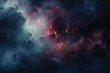 Obraz premium A close up of a nebula in the night sky, with a variety of colors and shapes visible in the composition