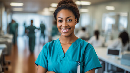 Portrait of a proud African American nurse in a hospital - obrazy, fototapety, plakaty