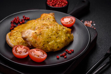 Delicious meat fried with Dijon mustard with salt, spices and herbs