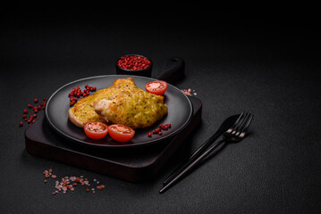 Delicious meat fried with Dijon mustard with salt, spices and herbs