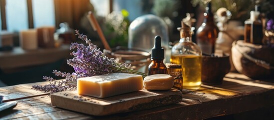 Bath essentials like herbal soap, organic oil, lavender, and beauty products displayed on wooden desk in closeup photo. - obrazy, fototapety, plakaty