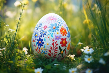 Obraz na płótnie Canvas A close up of a colorful Easter egg adorned with a pattern of pastel spring flowers, resting on a bed of green grass and colorful wildflowers