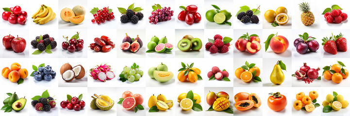Collage of fresh delicious fruits on white backgrounds