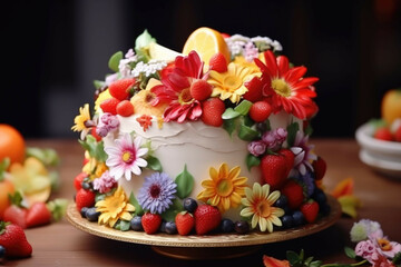 A close-up of a traditional Easter cake, decorated with bright and colorful flowers and fruits
