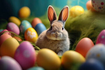 Fototapeta na wymiar Easter Bunny with colorful easter eggs