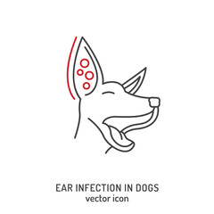 Ear infection in dogs. Linear icon, pictogram, symbol.