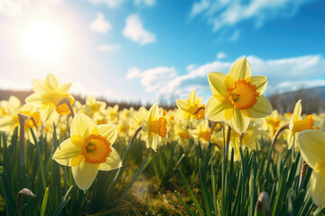 A wide angle shot of a field of yellow daffodils swaying in the wind, the sun shining through the petals creating a beautiful contrast between the yellow and the green grass