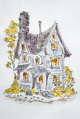 House sketch created with liner and markers. Color illustration on watercolor paper - 702684787