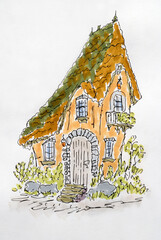 House sketch created with liner and markers. Color illustration on watercolor paper - 702684796