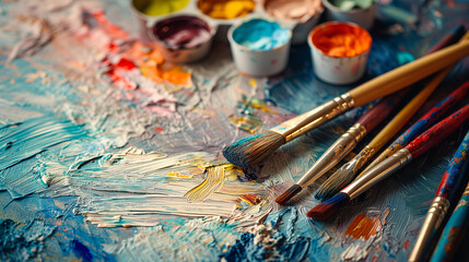 Fototapeta premium set of accessories for painting with paints and brushes. fine art tools. creative flatlay composition with copy space