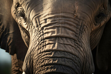 Fototapeta premium A close-up of an elephant's trunk and face, with the animal looking directly into the camera