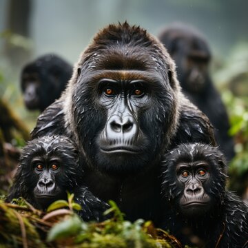 Photo of a regal and stoic mountain gorilla family in the mist. Generative AI