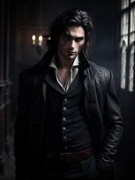 attractive male vampire in a classic suit. protagonist character of a romantic fantasy novel	