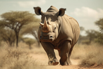 Obraz premium A rhinoceros walking in the wild, with its horn visible in the background