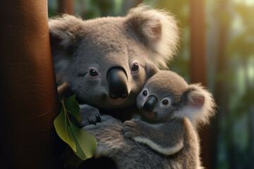 Obraz premium A baby koala bear clinging to its mother's back