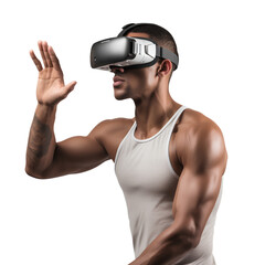 Man wearing VR glasses in training, isolated on transparent background
