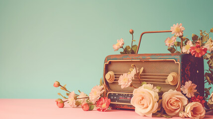 old retro radio in vintage style decorated with flowers isolated on pastel background. Greeting card for Radio Day with a nostalgic mood. copy space.