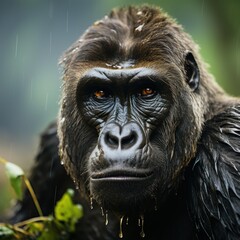 Photo of a regal and stoic mountain gorilla family in the mist. Generative AI