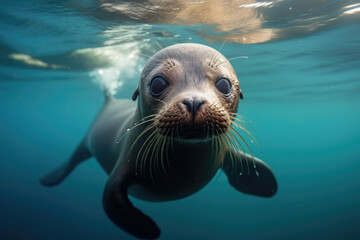 A baby seal pup swimming in the ocean, its eyes wide with curiosity and its whiskers twitching - obrazy, fototapety, plakaty