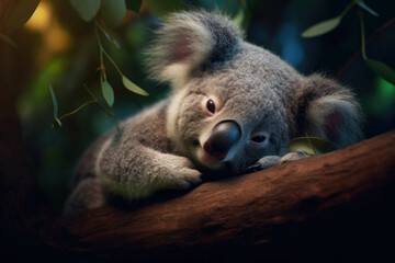 A baby koala bear sleeping in a tree, its arms hugging a branch while its face is peaceful and relaxed