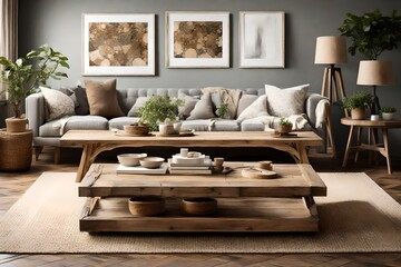 A rustic living space adorned with an empty frame, complementing a wooden coffee table, comfortable sofa, and earthy decor.