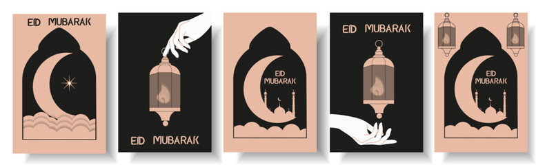 Set Design Islamic holiday Eid al Fitr  banner with silhouette of Mosque in trendy retro style. Islamic Mosque and crescent. Vector illustration can used web poster
