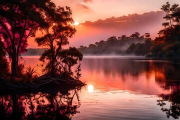 A sunrise painting the sky in shades of pink and orange over a tranquil lake surrounded by dense foliage on the island.