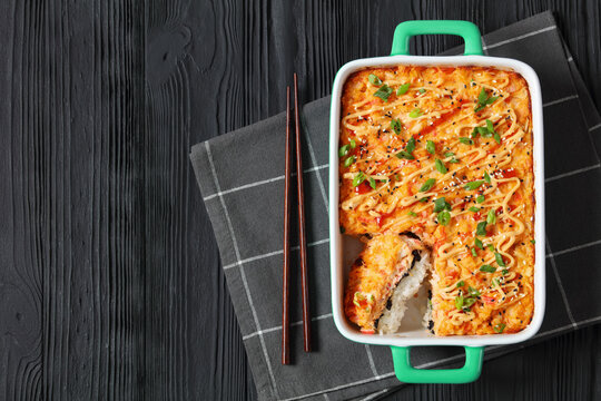 sushi bake with salmon, rice, seaweed, crab meat - Powered by Adobe