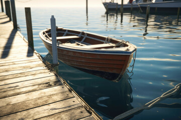 A sun-soaked beachside dock with a wooden boat gently bobbing in the water