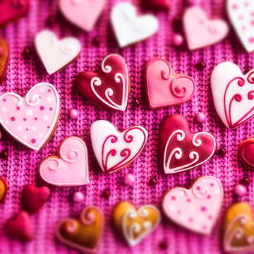 Background of gingerbread hearts on pink fabric. Valentine's Day Wallpapers. Wide Banner. Filtered Photo