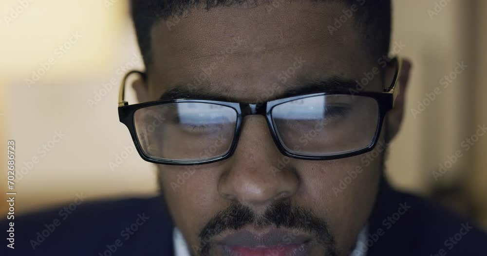 Poster business man, reading with glasses and research on computer for online project, article review or ed